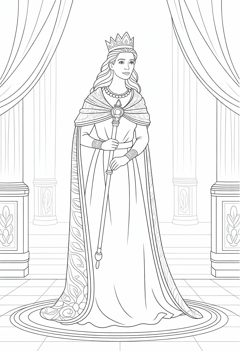 Christian Coloring Pages for Kids: 20 Inspirational Designs to Inspire Faith 44 Esther standing in a royal palace wearing a gown and crown, holding a scepter, surrounded by palace columns and draped curtains.